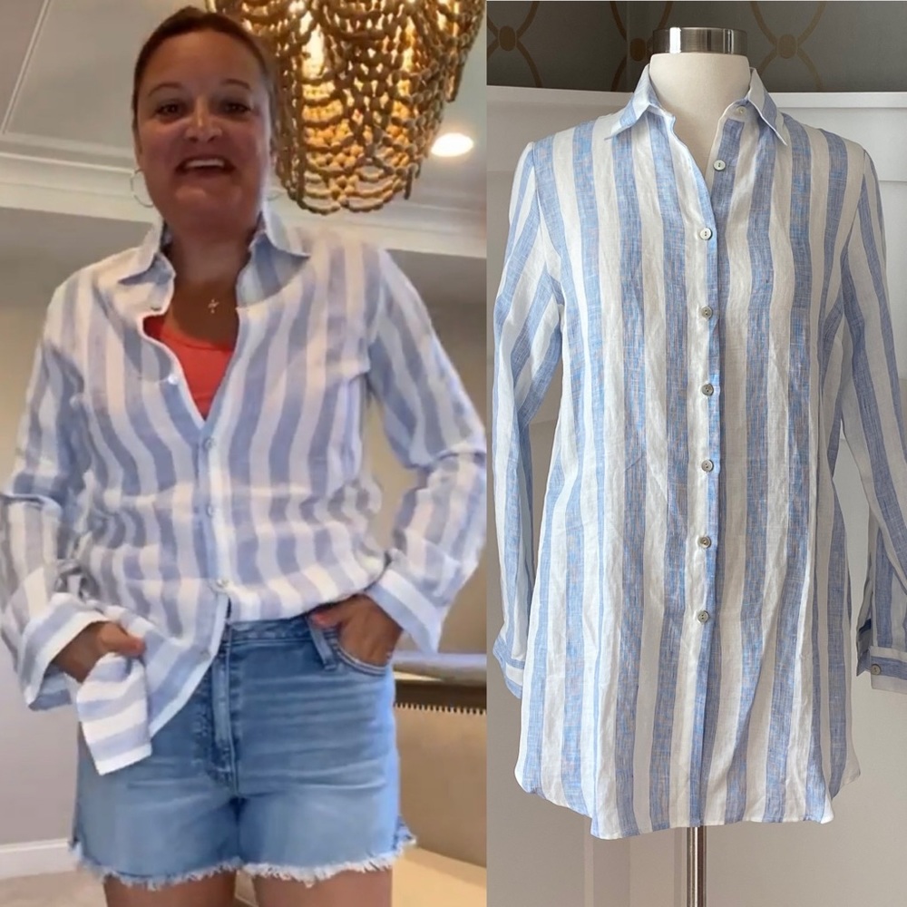 Italian Linen Striped Button Down Blouse Size- S